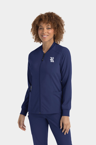 Rice University Embroidered Navy Nursing Scrub Jacket R Logo