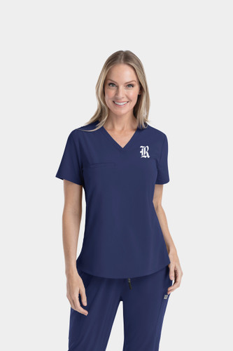 Rice University Embroidered Navy Women's V Neck Scrub Top with R logo