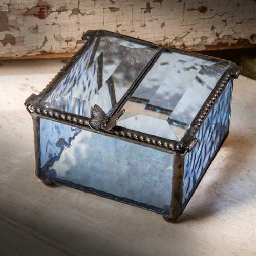 Blue Stained Glass Jewelry Box With Butterfly Lift