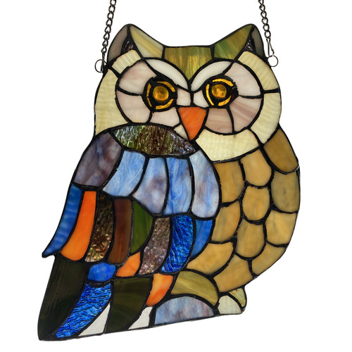 9.75"H Mia the Owl Multicolor Stained Glass Window Panel
