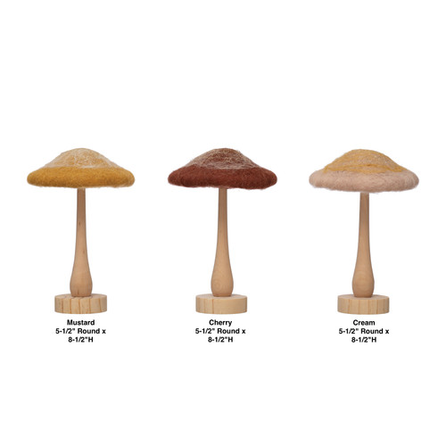 5-1/2" Round x 8-1/2"H Wool Mushroom with Wood Base and Glitter ~ 3 Colors!