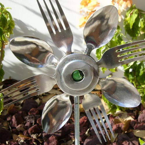 Green Spoon and Fork Sunflower Garden Stake