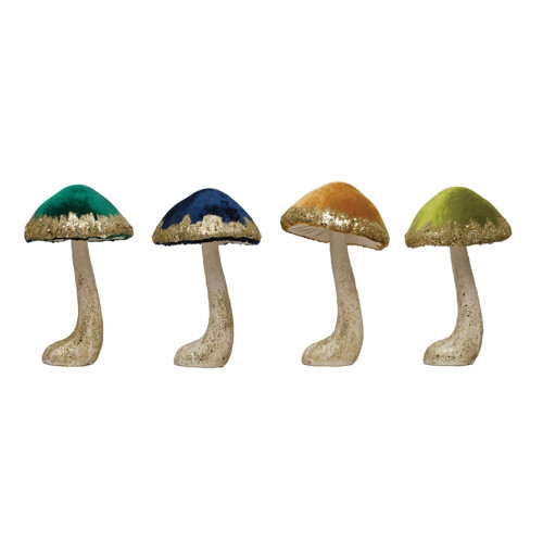 11"H Velvet, Foam & Paper Mushroom w/ Gold Glitter, 4 Colors, 4 Styles