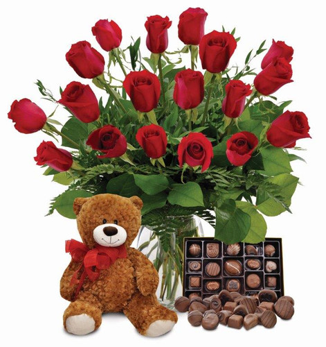 18 Classic Red Roses, Teddy Bear and Chocolates