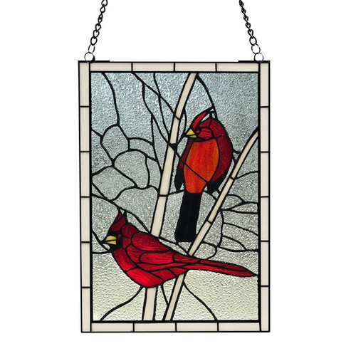 30.25"H Northern Cardinal Songbird Stained Glass Window Panel 30.25"H Northern Cardinal Songbird Stained Glass Window Panel