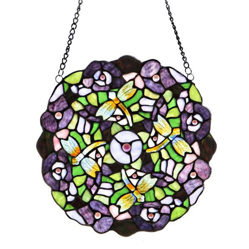 12"H Tiffany Style Stained Glass Purple Pansy Window Panel
