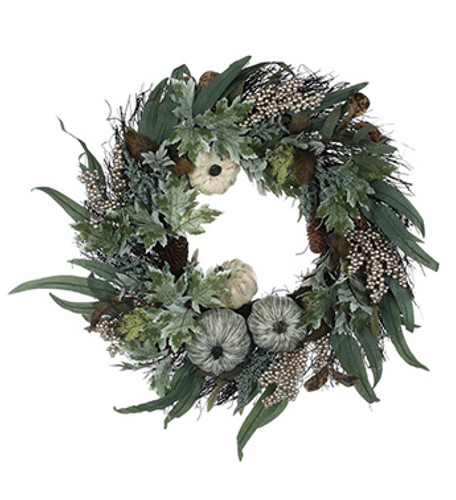 24" Artic Faux Wreath with Pumpkins