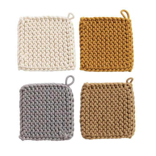 8" Square Cotton Crocheted Pot Holder by Creative Co-op- Set of 4~Light Earth Tones