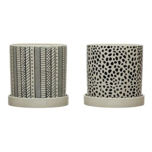 Stoneware Planter w/ Saucer & Pattern, Black & White, Set of 2, 2 Styles (Holds 6" Pot)