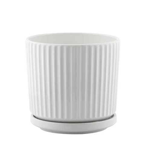 6" White Ridge Ceramic Plant Pot with Saucer