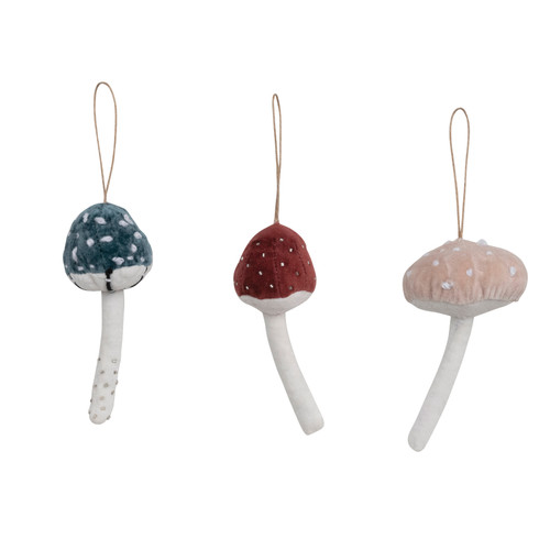 Velvet Fabric Mushroom Ornaments w/ Embroidery & Glass Beads ~ Set of 3!