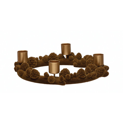 Flocked Resin Advent Wreath Taper Holder with Pinecones and Glitter (Holds 4 Tapers)