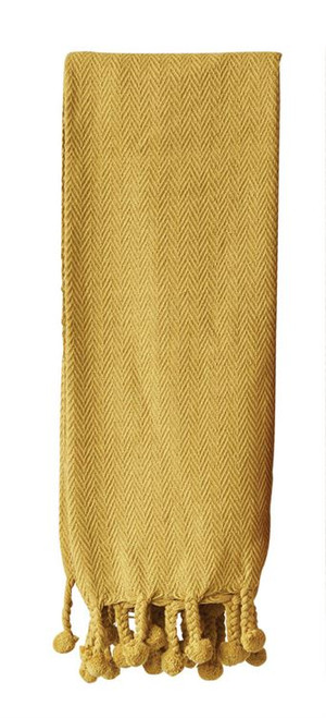 Cotton Throw w/ Pom Pom, Gold Cotton Throw w/ Pom Pom, Gold