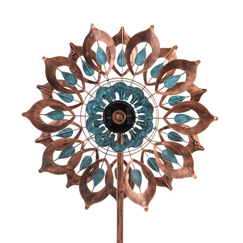 75"H Solar Wind Spinner, Copper and Verdigris Bloom by Evergreen