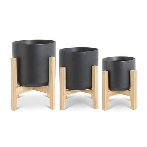 Modern Black Ceramic Pots On Bamboo Stands ~ Set of 3 Graduated Sizes