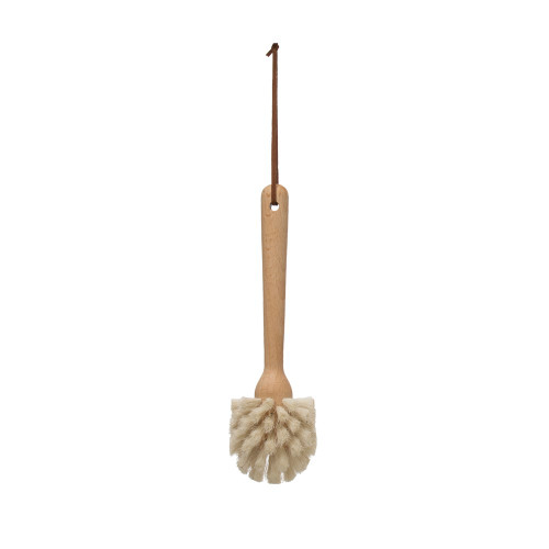 10"L Beech Wood Dish Brush w/ Leather Strap, Natural by Creative Co-op