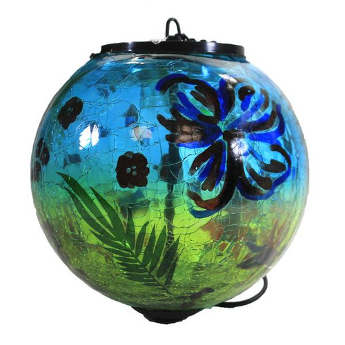 6" Solar Crackle Glass Hanging Globe with Botanica by Evergreen (Blue)