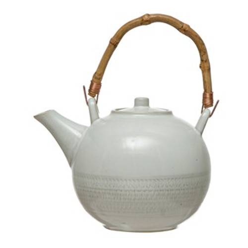 24 oz. Stoneware Textured Teapot w/ Bamboo Handle & Metal Strainer, White, Set of 2 (Each Varies)