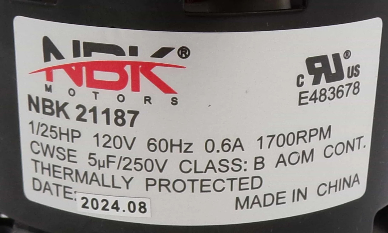 NBK 21187 - Fan Motor 120V - Equivalent To Broan S99080596, 99080596, 99-08-0596
Ja2P258, 99080460, 99080177, Ja2N137, Ja2N139N, Ja2N1239, Ja2N173N, Ja2N173, Ja2P194, Ja2P194N - Label View