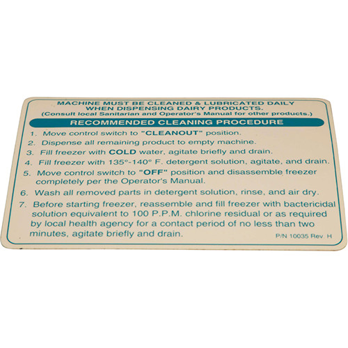 Saniserve Cleaning Decal - Replacement Part For Saniserv SS10035