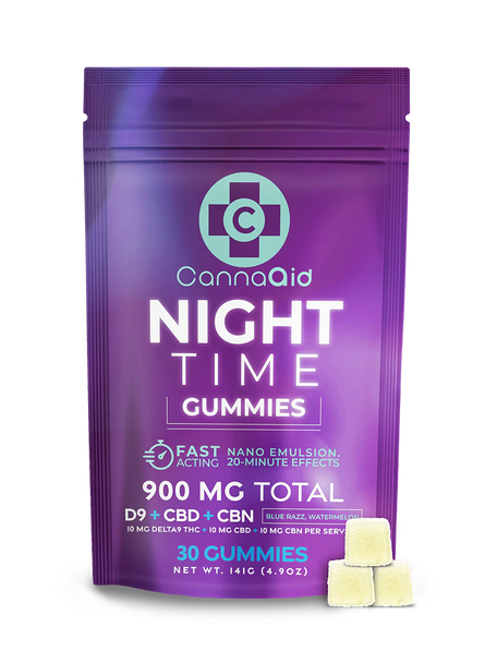 CannaAid D9 CBD CBN Night Time Gummies 900mg 30ct bottle high potency sleep gummies