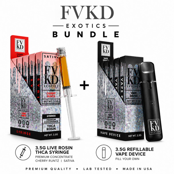 FVKD THCA Bundle featuring a 3.5G Live Rosin THCA Syringe and 3.5G Refillable Vape Device for customizable hemp concentrate vaping