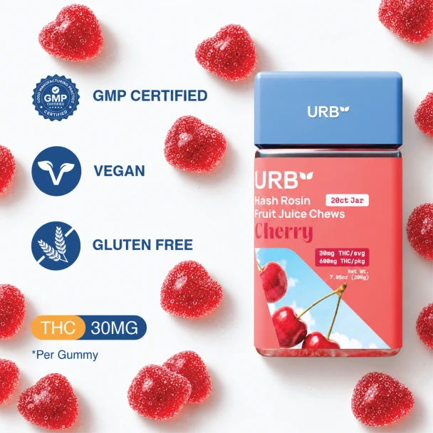 URB Hash Rosin Fruit Chews 600mg Delta 9 THC 20-count jar