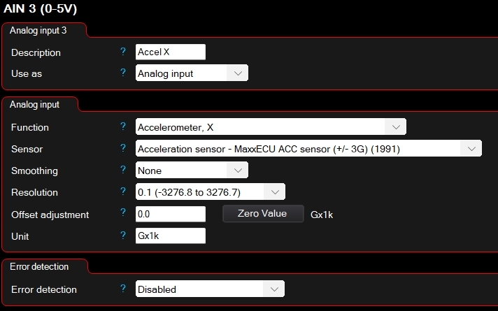 MaxxECU Acceleration Sensor 3G configuration