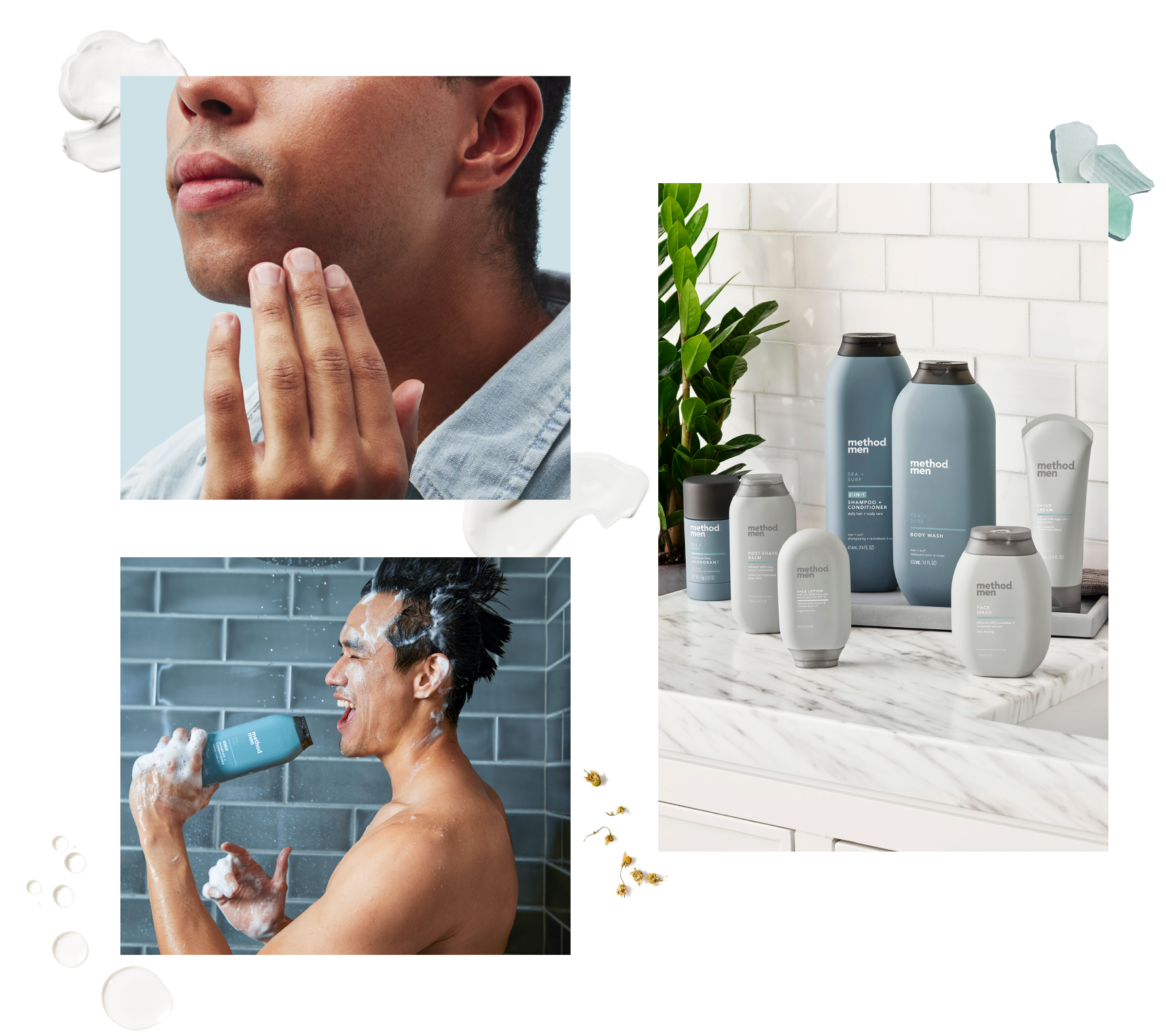 Collage of images: Method products, man touching cheek,and man singing in shower with method bottle.