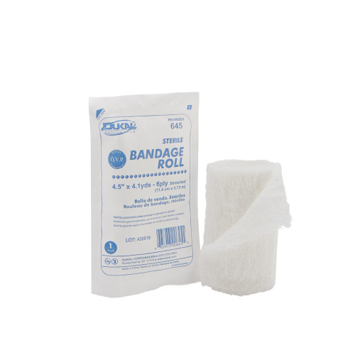 Dukal Sterile Fluff Bandage Roll Cotton 6-Ply 4.5 IN x 4.1 YDS Roll Shape 645 product and packaging 