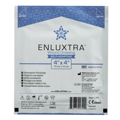 Enluxtra Humifiber Self-Adaptive Wound Dressing AWD-5-1010 4x4 IN front of packaging display