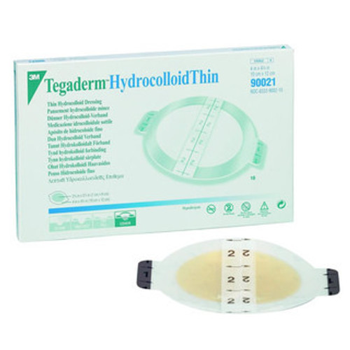 3M Tegaderm Hydrocolloid Thin Dressing with Border 90021 2.75x3.5 Pad product and box display