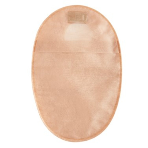 Close-up of ConvaTec Esteem+ colostomy pouch with viewing window and built-in filter for odor contro