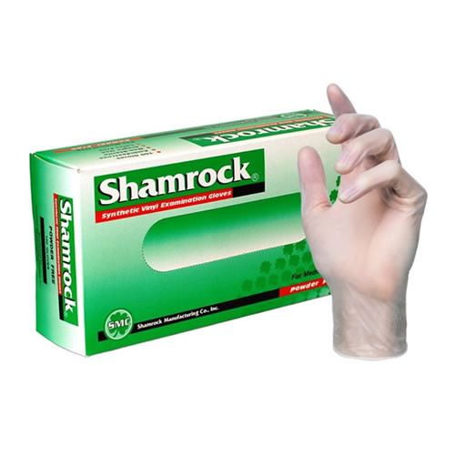 Shamrock Vinyl Examination Gloves - Powder-Free primary product display hand with glove