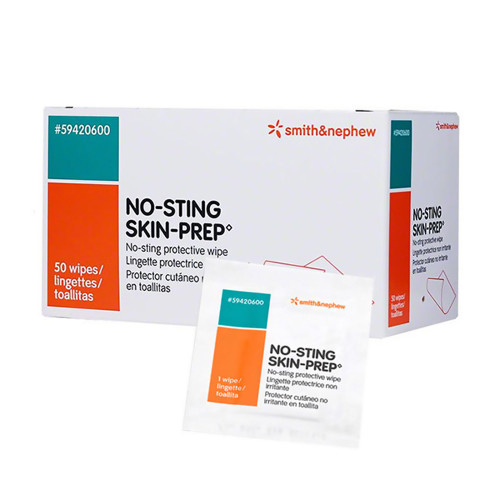 Smith & Nephew No-Sting Skin-Prep Wipes 59420600 1.0ml 50 CT product box display and product image