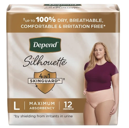 Bag of 12 Adult Female Depend Silhouette Pull Ups Heavy Absorbency Underwear. Up to 100% dry, breath