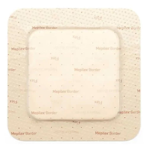 Tan square adhesive sterile foam Mepilex Border Flex dressing