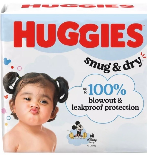 Snug & Dry Huggies Sizes 3-7 diaper box with baby