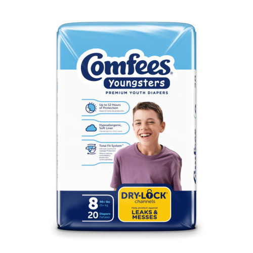 Comfees Youngsters Premium Youth Diapers Bag of 20 Diapers per Bag Front View