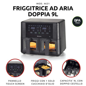 Ariete 4631 Friggitrice ad aria Doppia 9L, 2400W, Capacità totale 9L, 11 programmi, Multifunzione, Fino a 3,6 kg di fritto Temperatura fino a 200°C, Doppio cestello, Nero Ariete 4631 Friggitrice ad aria Doppia 9L, 2400W, Capacità totale 9L, 11 programmi, Multifunzione, Fino a 3,6 kg di fritto Temperatura fino a 200°C, Doppio cestello, Nero
