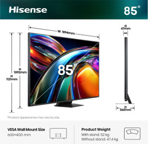 Hisense 85UR9S 2,16 m (85") 4K Ultra HD Smart TV Wi-Fi Grigio 5000 cd/m²
