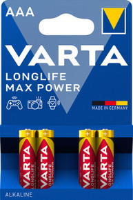 Varta Longlife Max Power, Batteria Alcalina, AAA, Micro, LR03, 1.5V, Blister da 4, Made in Germany