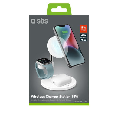 SBS TEWIRMAG3IN1 Caricabatterie per dispositivi mobili Cuffie, Smartphone, Orologio intelligente Bianco USB Carica wireless Ricarica rapida Interno