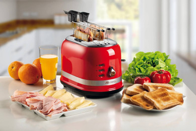 Ariete 149 Tostapane con Pinze per 2 fette di pane - Espulsione Automatica - Defrost - 6 Gradi di Doratura - 800 Watt - Linea Moderna - Rosso