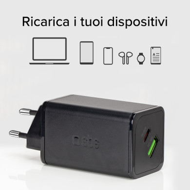 SBS TETRGANUSBCPD65W Caricabatterie per dispositivi mobili Lettore e-book, Fitness tracker, GPS, Auricolare, Telefono cellulare, Altoparlante portatile, Power bank, Smartphone, Orologio intelligente, Tablet Nero AC Ricarica rapida Interno