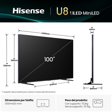 Hisense 100U8Q 2,54 m (100") 4K Ultra HD Smart TV Wi-Fi Nero, Grigio