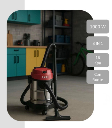 AKAI Bidone Aspiratutto 20L 1000W 3in1 Solidi/Liquidi