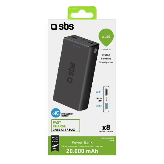 SBS Power bank 20.000 mAh extra slim con porta USB 2.1A Intelligent Charge (IC)