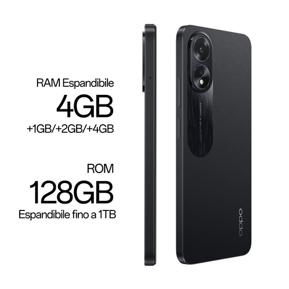 OPPO A18 4G Smartphone, AI Doppia fotocamera 8+2MP, Selfie 5MP, Display 6.56” 90HZ LCD HD+, 5000mAh, RAM 4GB (Esp 1GB/2GB/4GB)+ROM 128GB (esp1TB), IP54, [Versione Italia],Glowing Black