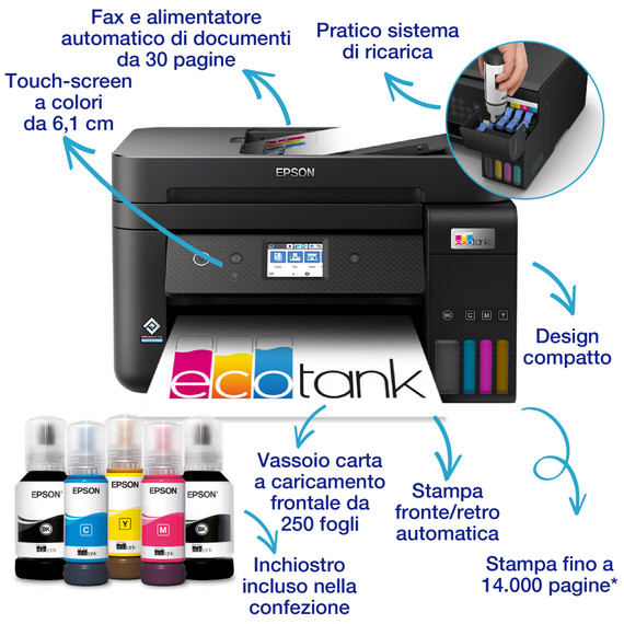 Epson EcoTank ET-4800 stampante multifunzione inkjet 4-in-1 A4, serbatoi ricaricabili alta capacità, 5 flaconi inclusi pari a 14000pag B/N 5200pag colore, Wi-FI Direct, USB